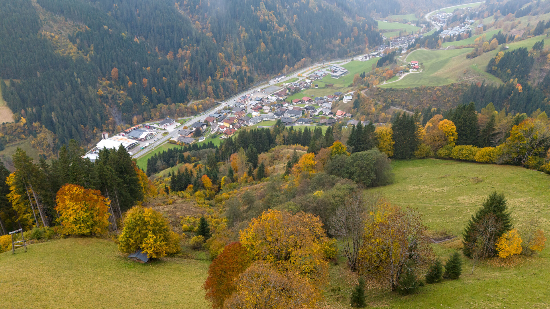 Blick von oben auf Viehhofen im herbstlichen Glemmtal mit bunten Laubbäumen, grünen Wiesen, dem Ortsgebiet im Tal und bewaldeten Berghängen. | © viehhofen.at, Der Fotoigel