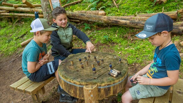 Drei Kinder spielen gemeinsam an einer hölzernen Spielstation im Wald in Viehhofen und bewegen kleine Spielfiguren auf einer runden Holzplatte. | © viehhofen.at, Der Fotoigel