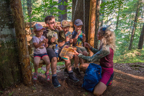 Family taking a break on a suspended wooden bench along the children’s hiking trail in Viehhofen while the children eat and drink. | © viehhofen.at, Der Fotoigel