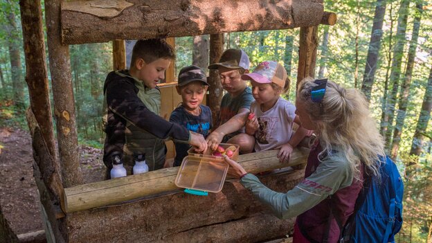 Vier Kinder machen in einem hölzernen Unterstand am Kinderwanderweg in Viehhofen Pause, während ihre Mutter ihnen Essen aus einer Jausenbox anbietet. | © viehhofen.at, Der Fotoigel