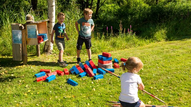 Drei Kinder spielen an einer Spielstation in Viehhofen mit großen Jenga-Holzklötzen und Mikado-Stäben auf einer grünen Wiese. | © viehhofen.at, Der Fotoigel