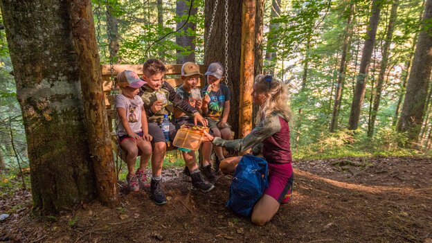 Vier Kinder machen auf einer hängenden Holzbank am Kinderwanderweg in Viehhofen Pause, während ihre Mutter ihnen etwas zu essen anbietet. | © viehhofen.at, Der Fotoigel