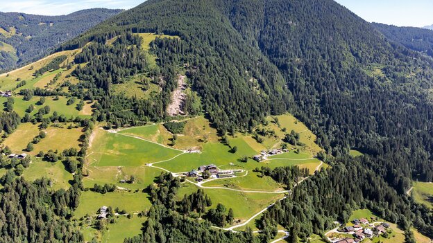 Luftaufnahme der grünen Berglandschaft oberhalb von Viehhofen mit Bergwiesen, dichten Wäldern, verstreuten Höfen und kurvenreichen Wegen. | © viehhofen.at, Amido