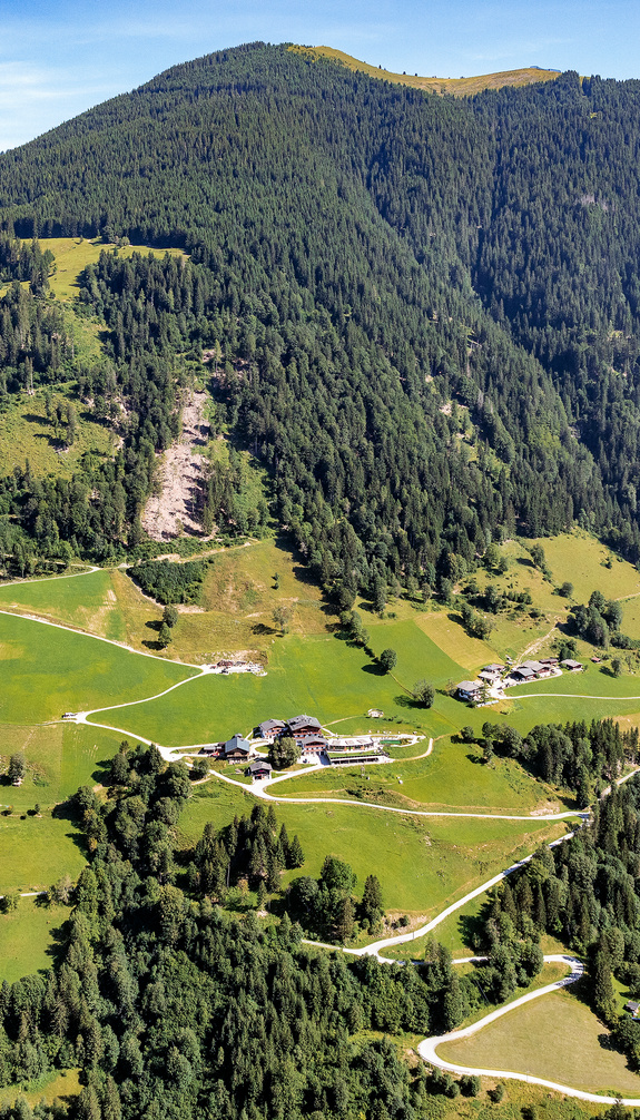 Luchtfoto van het groene berglandschap boven Viehhofen, met bergweiden, dichte bossen, verspreide boerderijen en kronkelende wegen. | © viehhofen.at, Amido