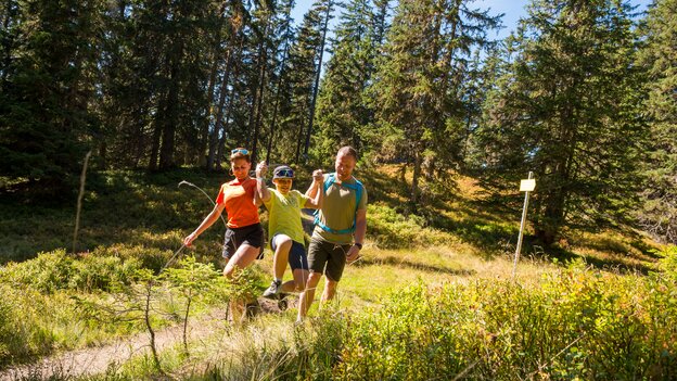 Family hiking along a nature trail in Viehhofen through forest and meadows, while one child playfully jumps along the path. | © viehhofen.at, Der Fotoigel