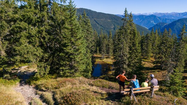 Wandergruppe macht bei einer Bank an einem kleinen Naturteich in Viehhofen Pause, umgeben von Wald und weiter Berglandschaft. | © viehhofen.at, Der Fotoigel
