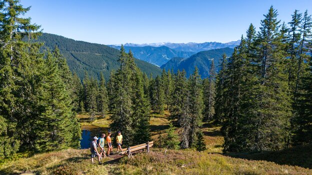 Wandergruppe unterwegs bei einem kleinen Naturteich in Viehhofen, umgeben von Fichtenwald und mit weitem Blick auf die umliegende Berglandschaft. | © viehhofen.at, Der Fotoigel