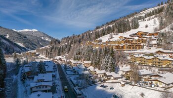 Winterlicher Blick auf Viehhofen mit verschneiten Häusern, Unterkünften, Talstraße und schneebedeckten Berghängen. | © viehhofen.at, Der Fotoigel