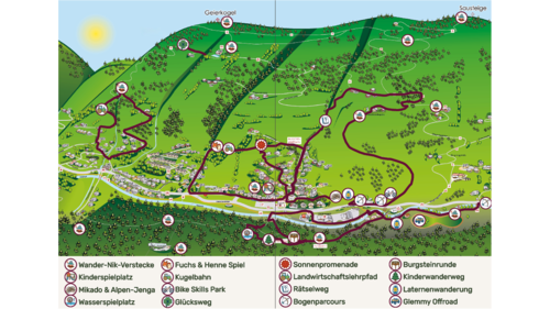 Overview map of the children’s hiking trails in Viehhofen with routes, Wander-Nik hiding spots, play stations and other family activities around the village. | © viehhofen.at