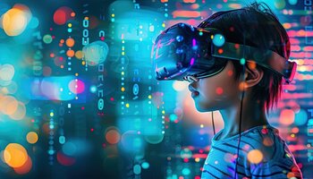 A boy wears virtual reality glasses. He is surrounded by colourful dots and patterns.